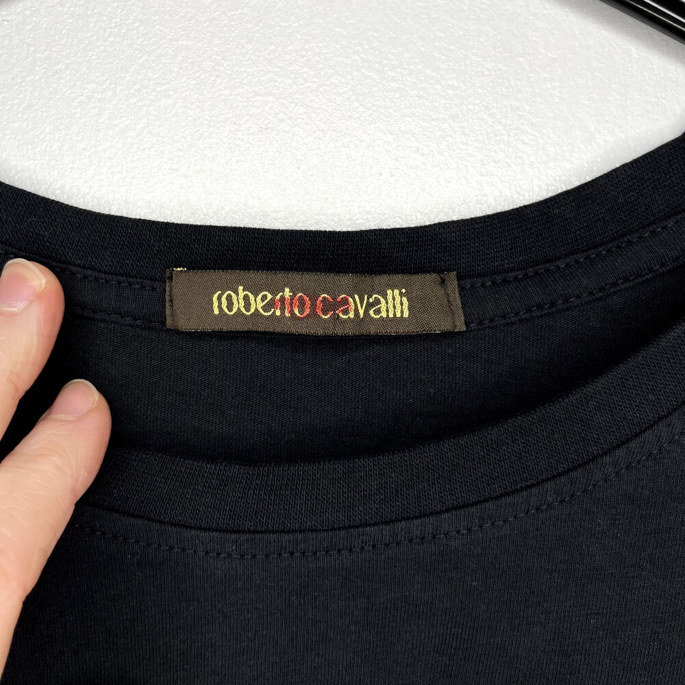 Roberto Cavalli Mens Shirt XL Black Cotton Crew Short Sleeve Snake Graphic Print - Picture 3 of 16